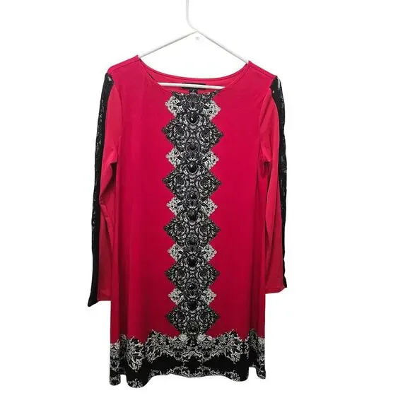 Y2K Style & Co Red Black Lace Sheer Sleeve Tunic Dress Medallion S - Picture 1 of 7
